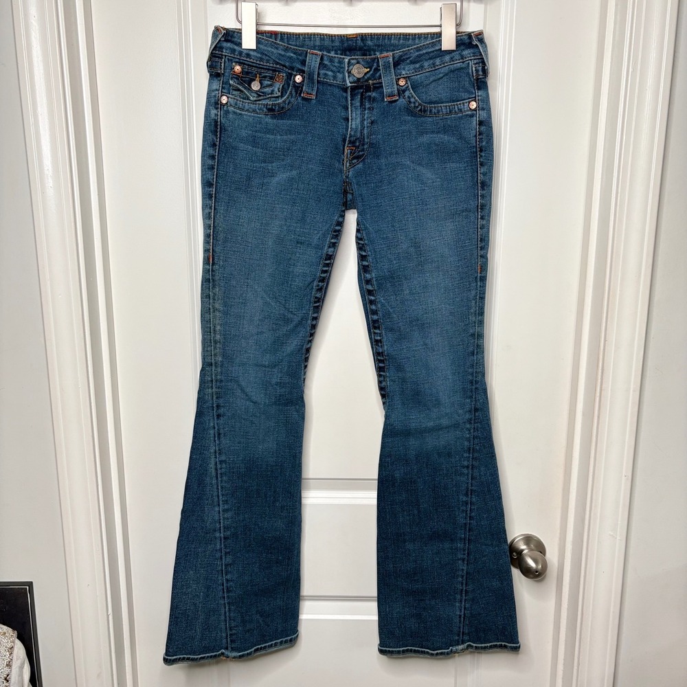 VTG Y2K True Religion Bridget Flare Jeans Medium Wash Denim Low Rise Size 30 USA